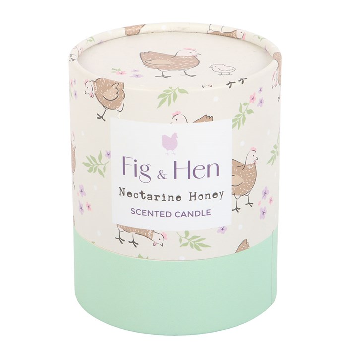 Nectarine Honey Candle with 'Fig & Hen' label on a white background