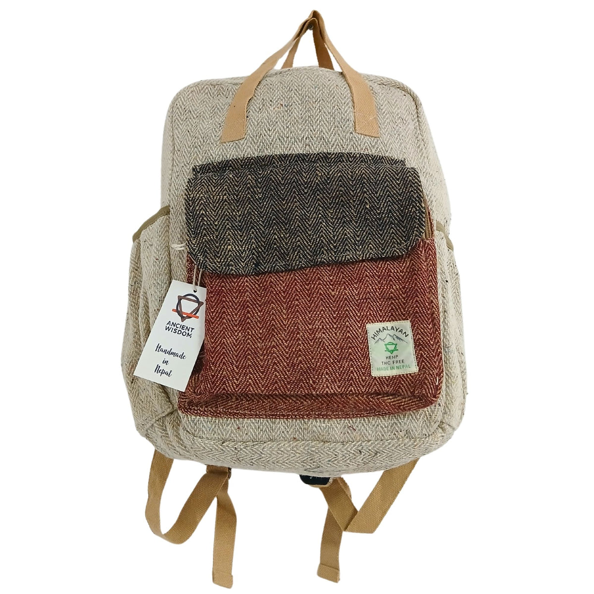 Hemp Backpack with brown, red, and beige patterned sections on a white background