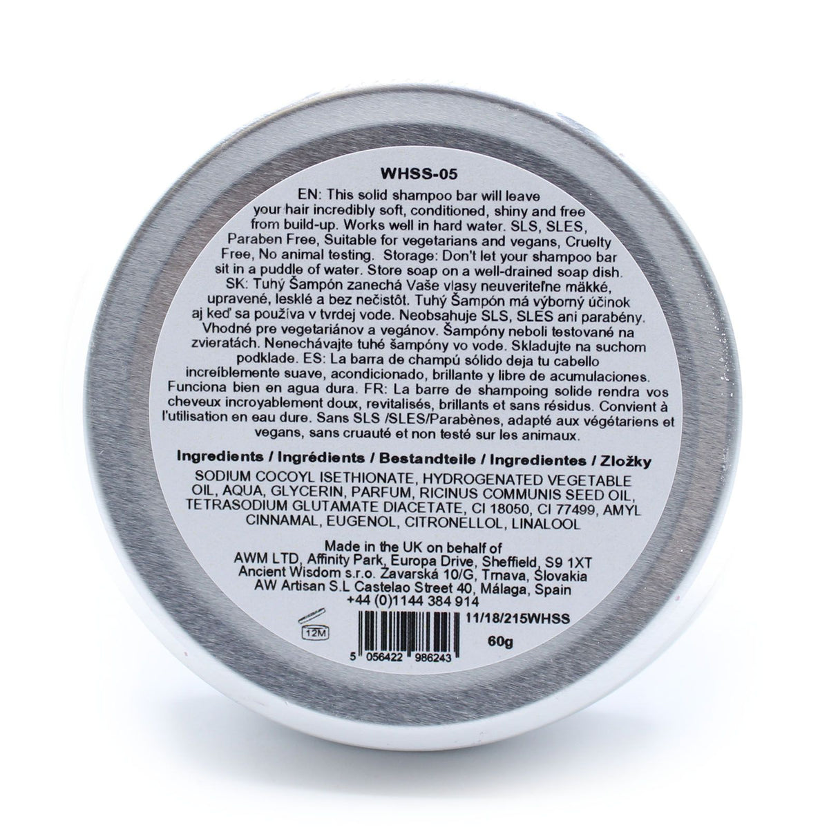 Back of a shampoo bar packaging with text and branding