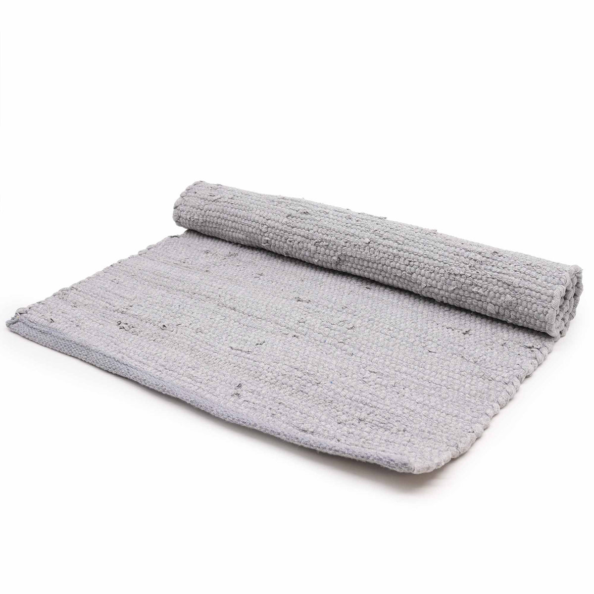 Gray textured rug with rolled-up end on a white background