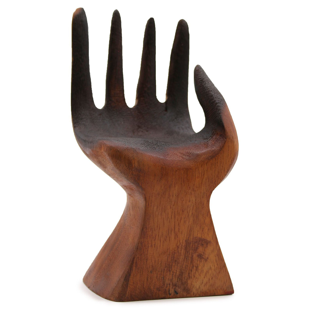 Wooden sculpture of a hand with extended fingers on a white background