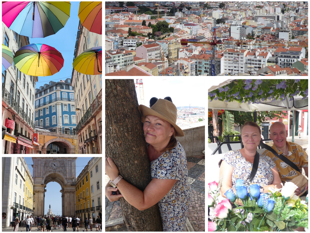 Montage of umbrellas Lisbon views and man and woman