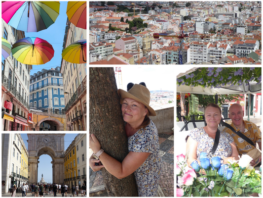 Montage of umbrellas Lisbon views and man and woman