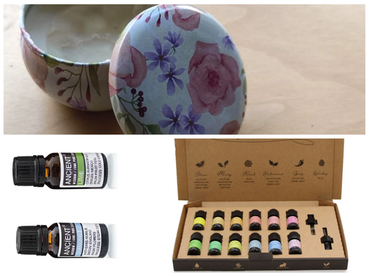 Montage with floral tin and essential oils