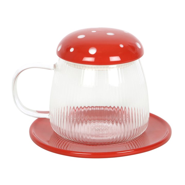 Glass Mushroom Mug and Saucer - Red