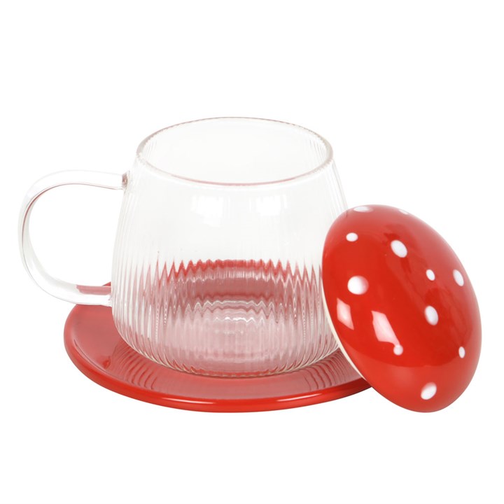 Glass Mushroom Mug and Saucer - Red