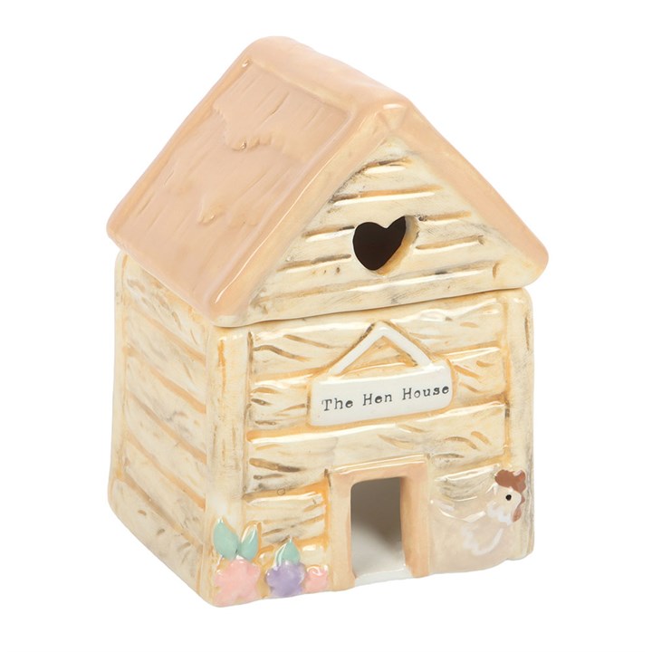 Ceramic Hen House Oil Burner with a heart window on a white background