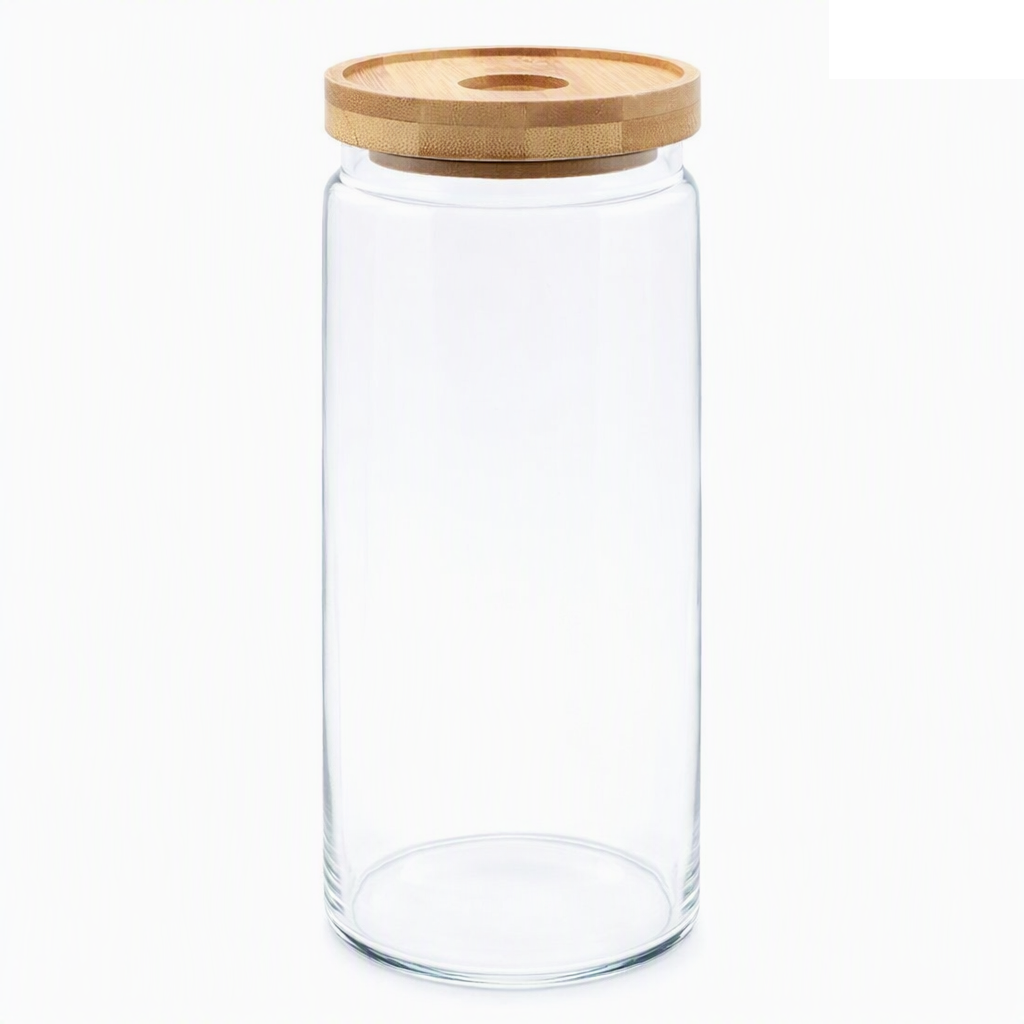 bamboo lid glass storage jar on white background