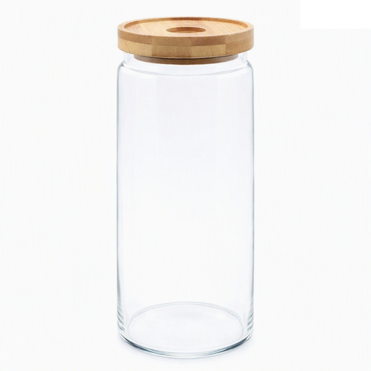 bamboo lid glass storage jar on white background