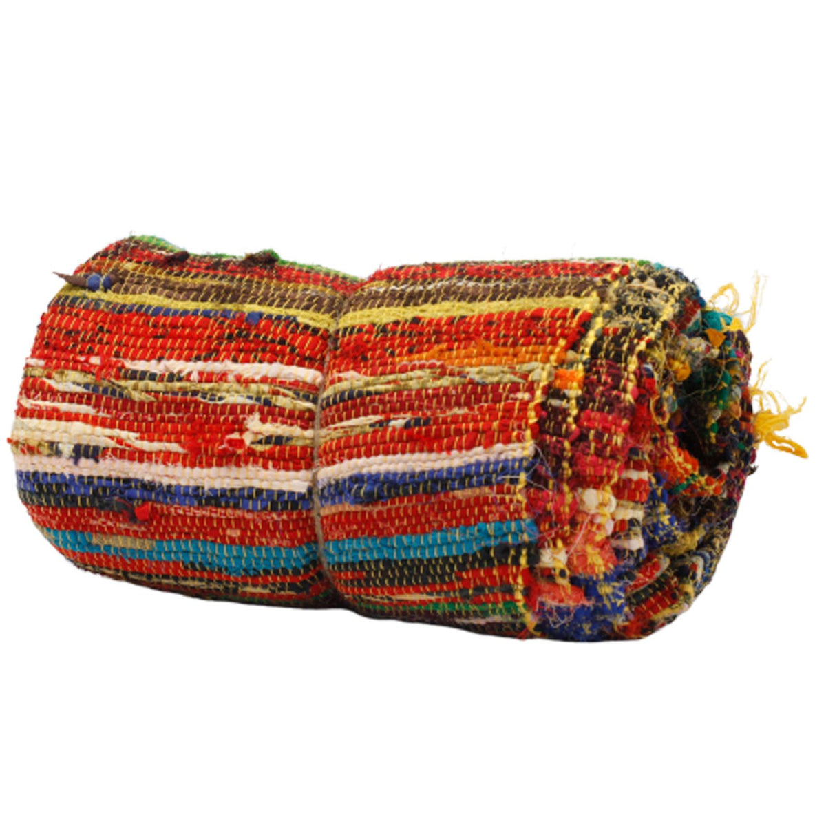 Multicolored woven cylindrical object on a white background