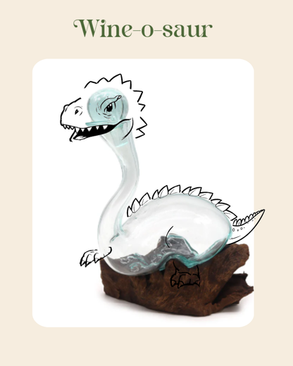 Unique Wine decanter shaped like a dinosaur with 'Wine-o-saur' text on a beige background