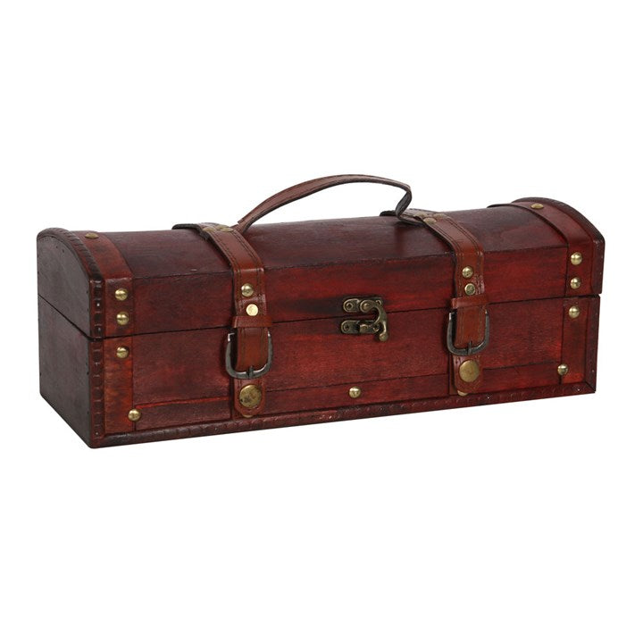 Vintage-style wooden trunk with brass hardware on a white background