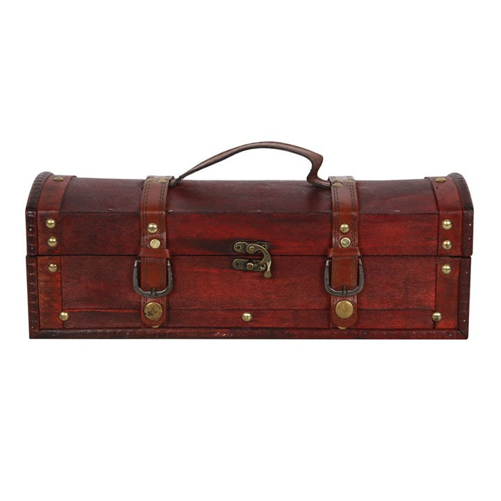 Vintage-style brown leather suitcase with brass hardware on a white background