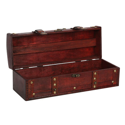 Wooden treasure chest with brass accents on a white background