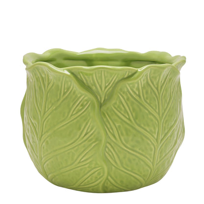 Green ceramic cabbage garden planter with leaf design on a white background