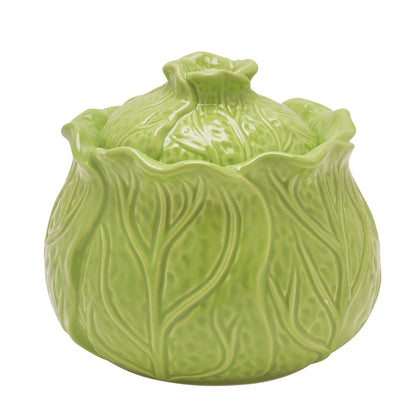 Green ceramic cabbage-shaped storage jar lidded container on a white background