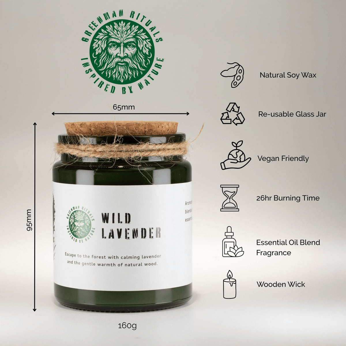 Candle jar with Greenman Rituals branding, dimensions, and features listed on a light gray background.