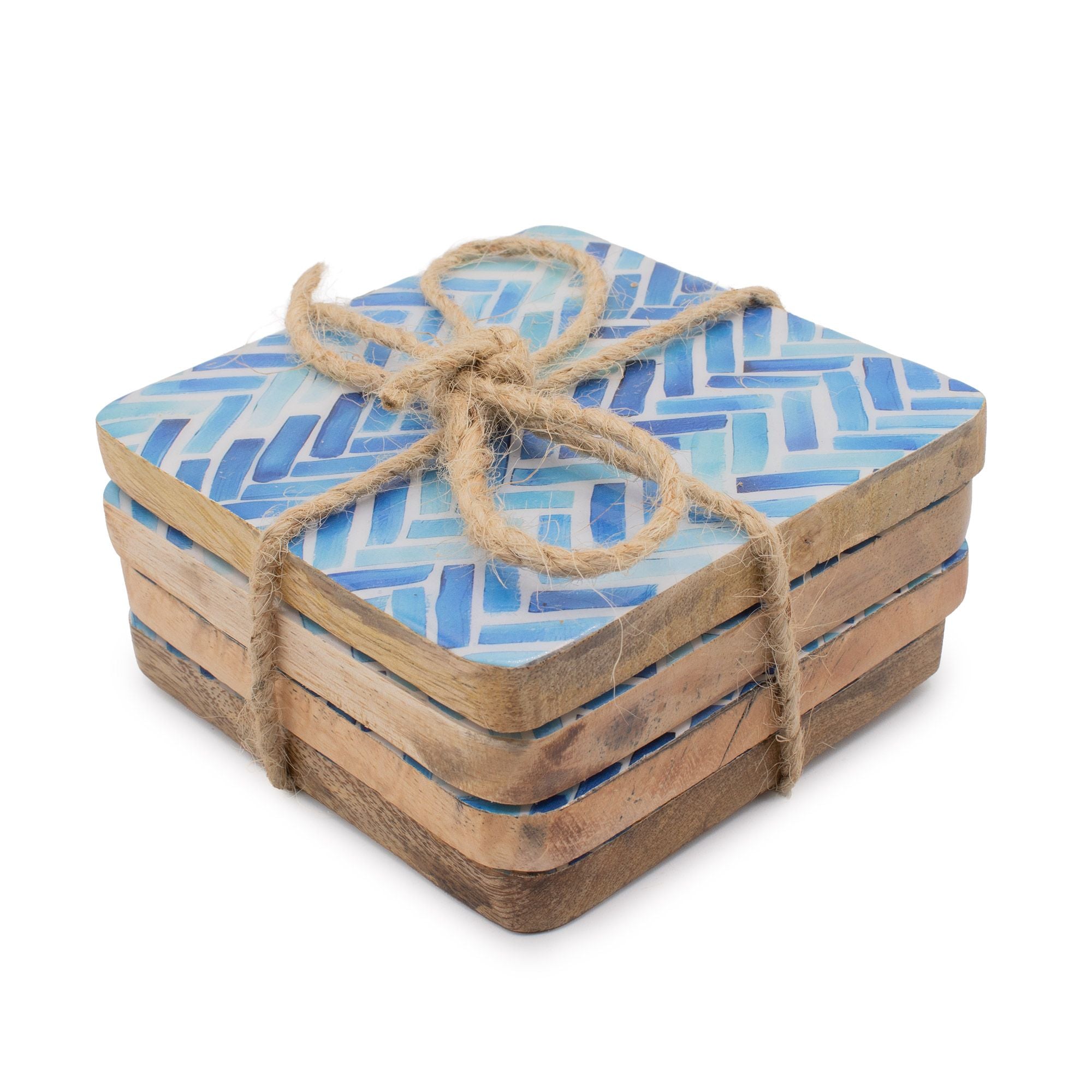 Blue Herringbone Tiles Coasters - Set of 4