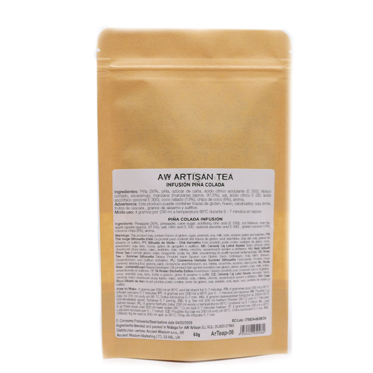 Brown package of AW Artisan Tea with a label on a white background