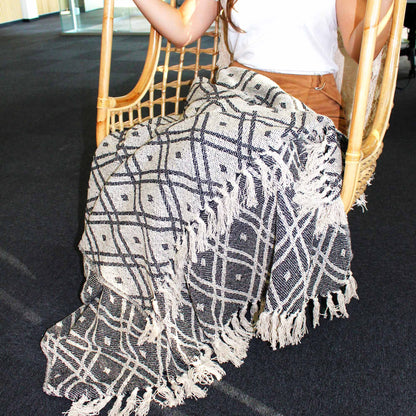 Person sitting on a chair with a black and white patterned throw blanket draped over them.