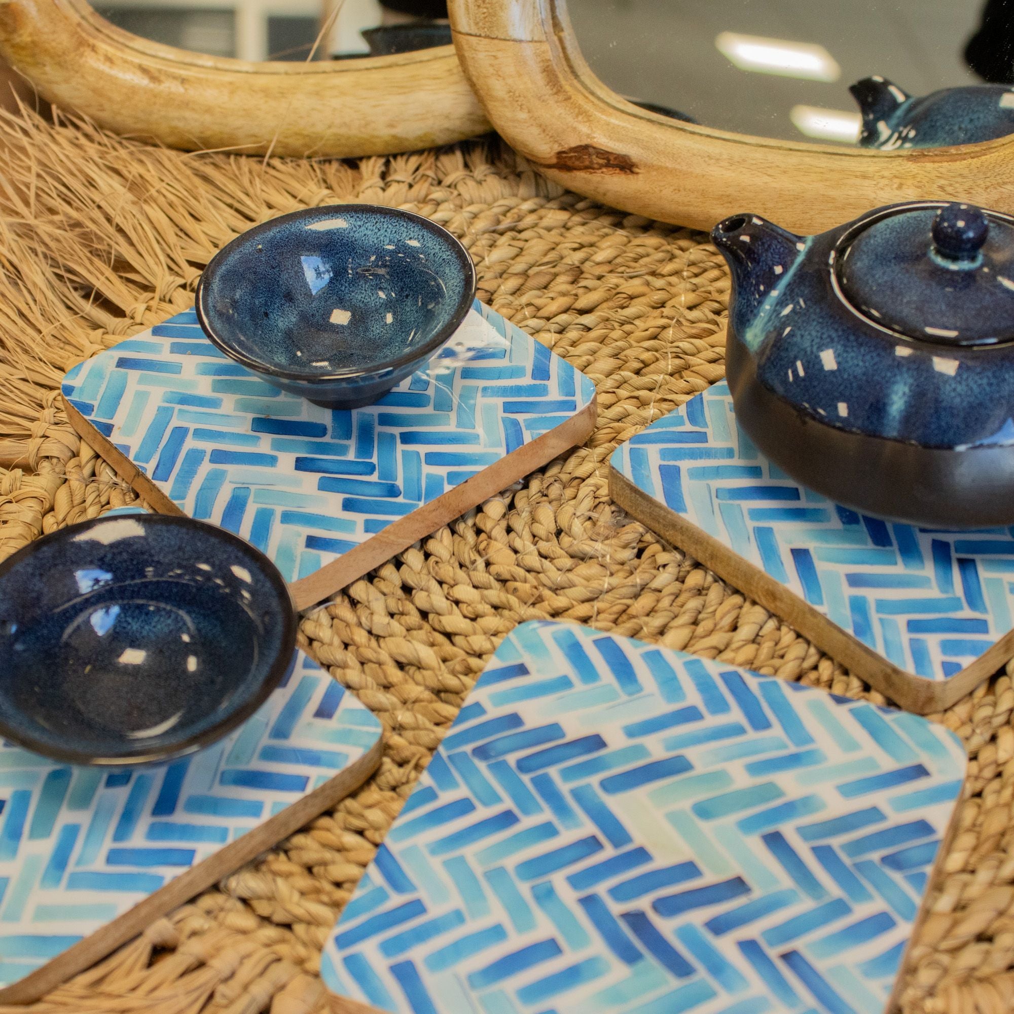 Blue Herringbone Tiles Coasters - Set of 4