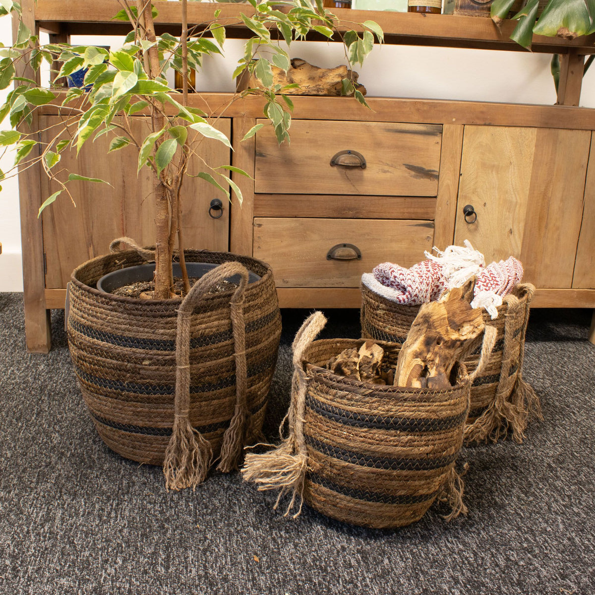 Set of three banana leaf seagrass baskets with plants on a carpeted floor.