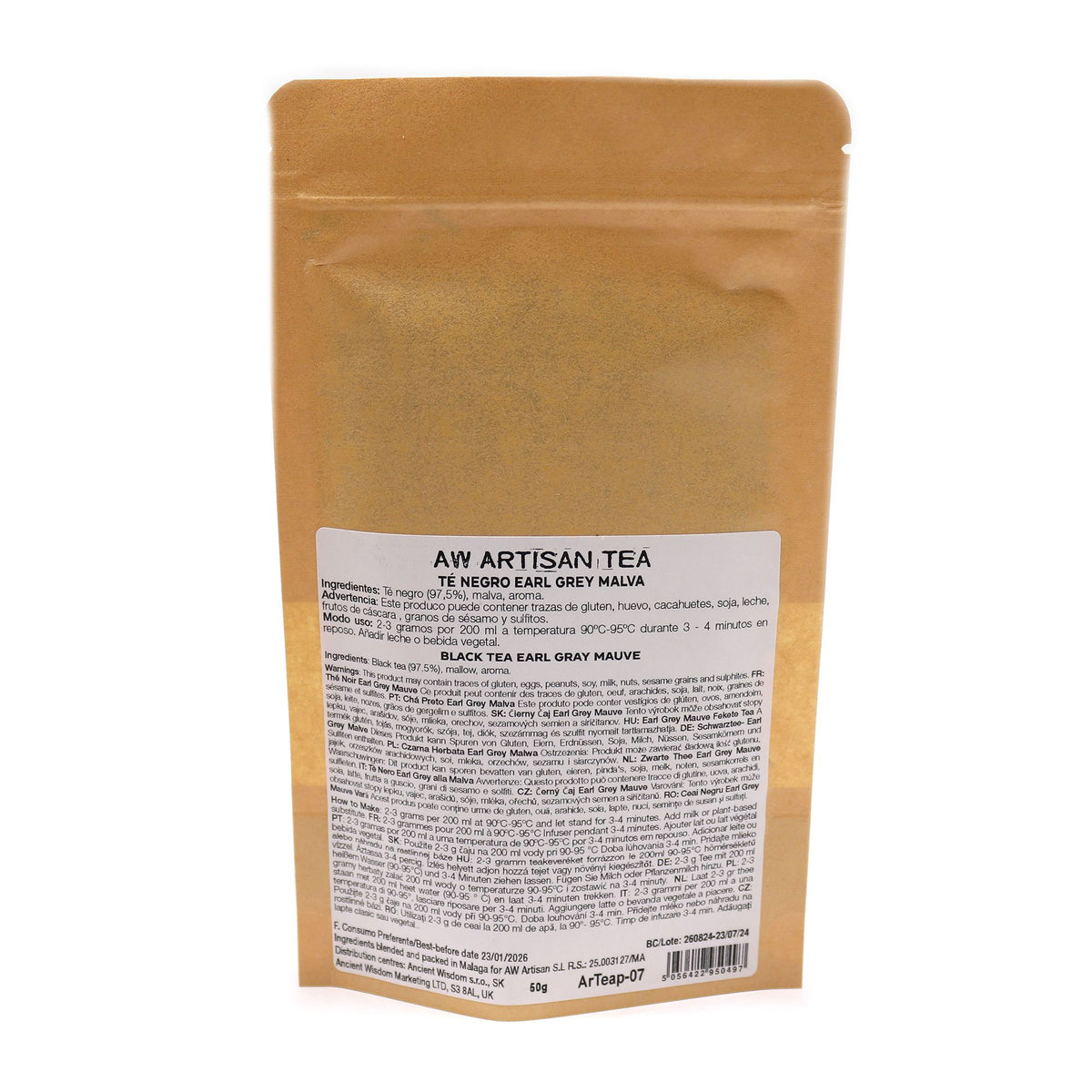 Brown tea packaging with a label on a white background