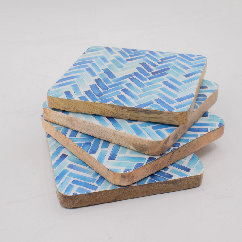 Blue Herringbone Tiles Coasters - Set of 4