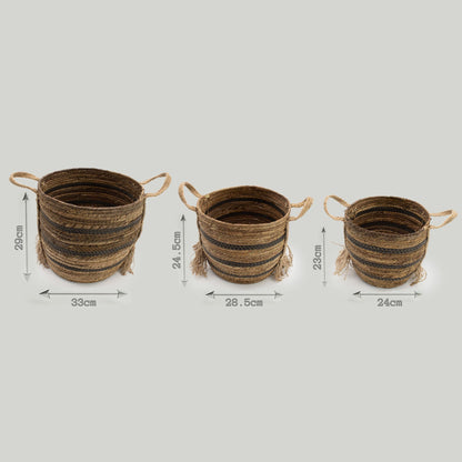 Three woven baskets with handles on a light gray background, showing measurements.