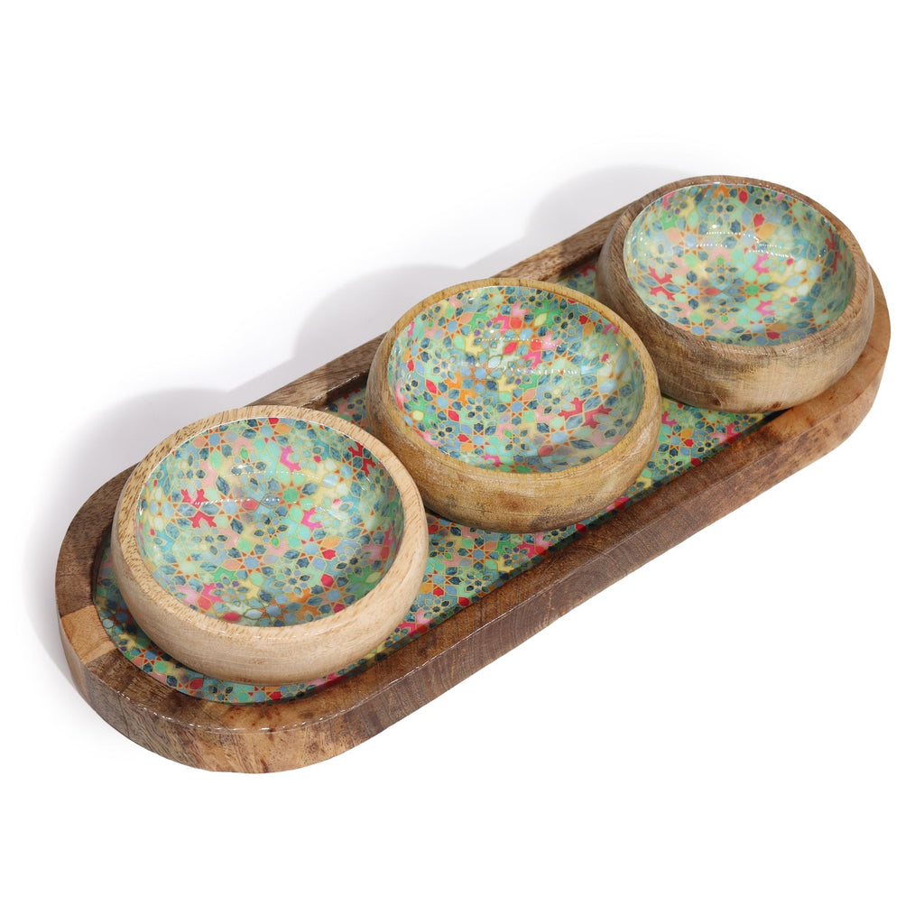 Casablanca Courtyard Trio - Mango Wood Tray with 3 Bowls