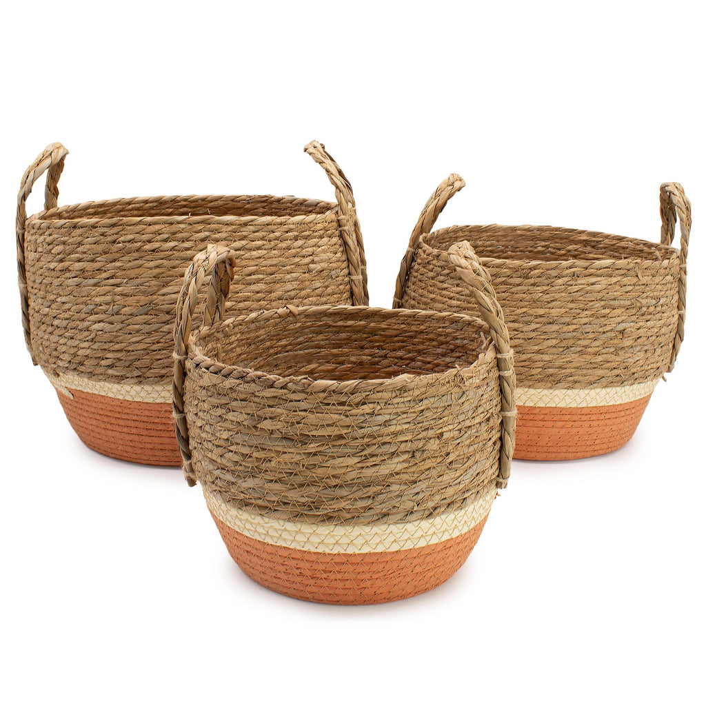 Straw & Seagrass Large Baskets - Ivory & Terracotta  (Set of 3)