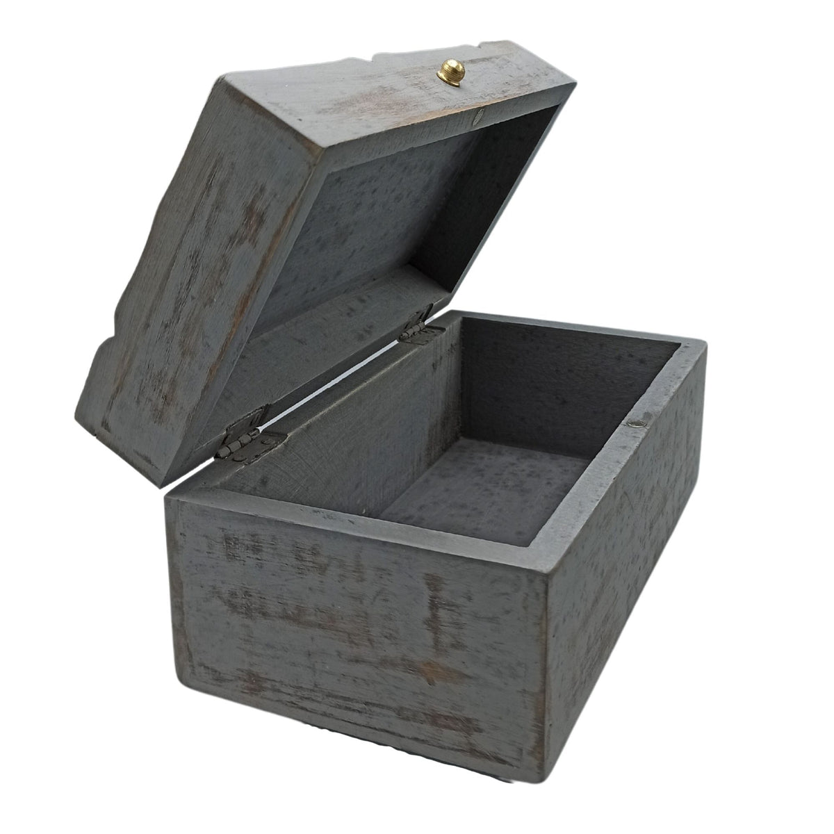 Open wooden Grey Star Keepsakes Box on a white background
