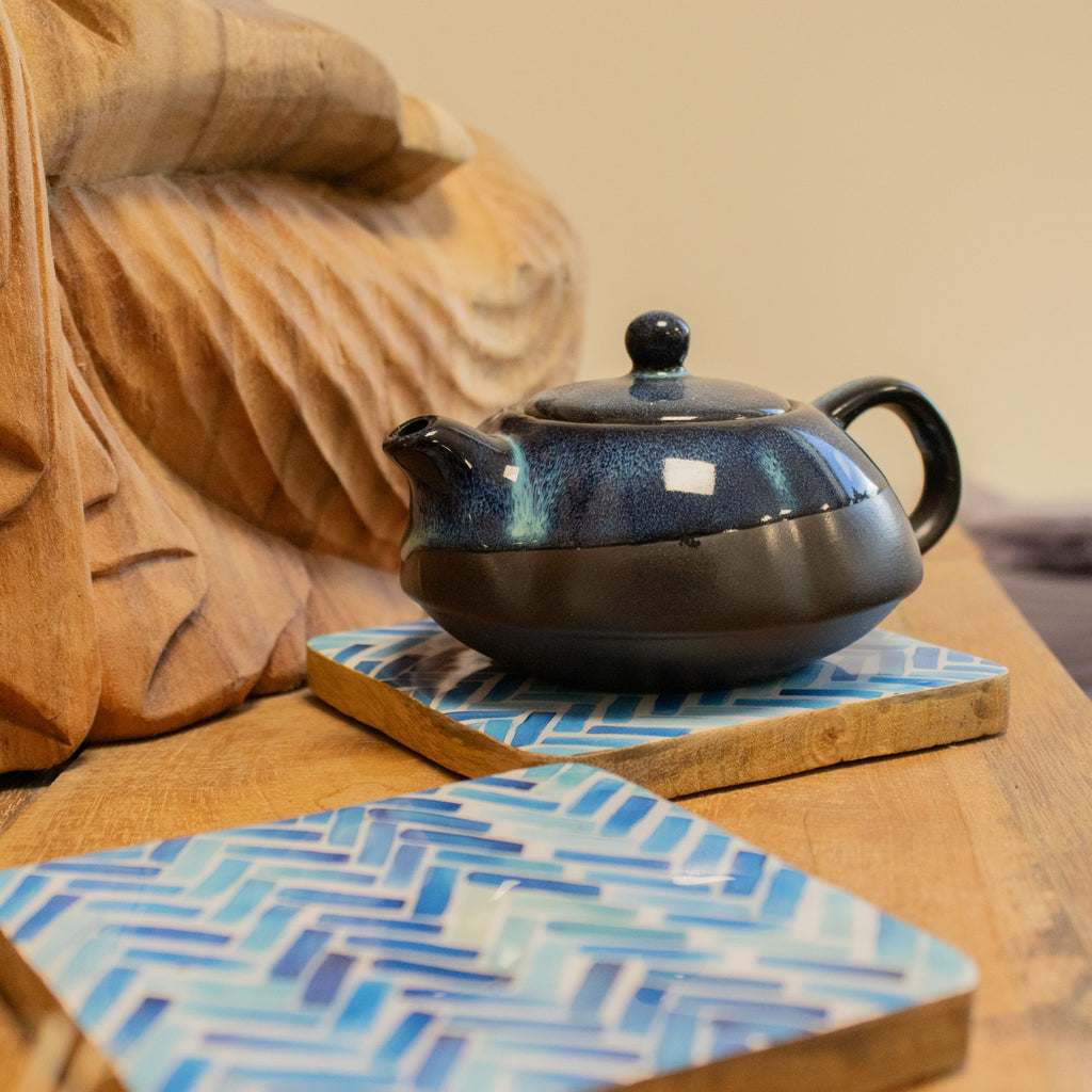 Blue Herringbone Tiles Coasters - Set of 4