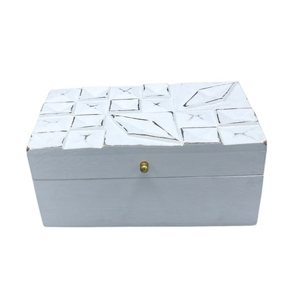 white diamond keepsake  box with white mosaic pattern on a white background