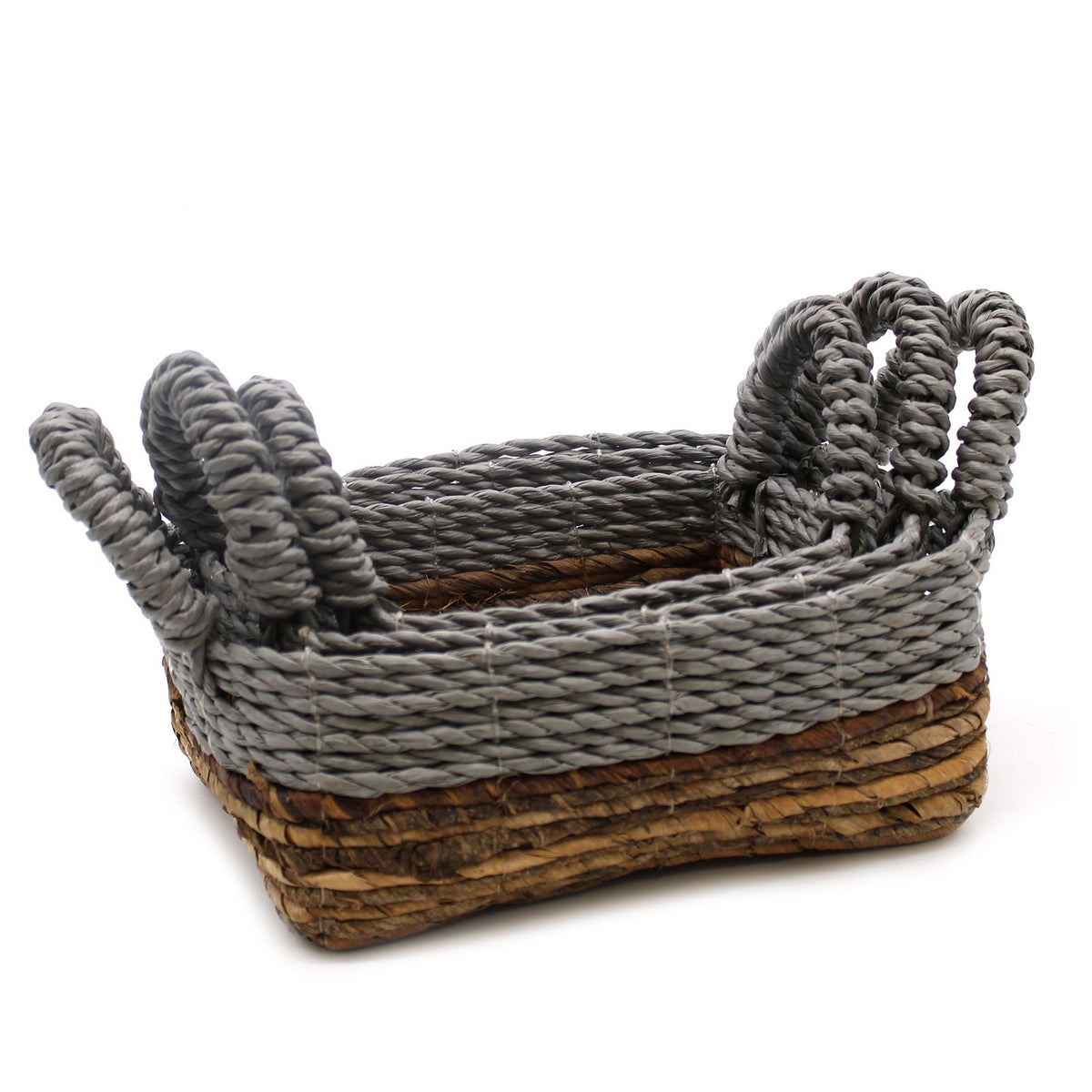 nest of 3 banana leaf baskets with gray rope handles on a white background