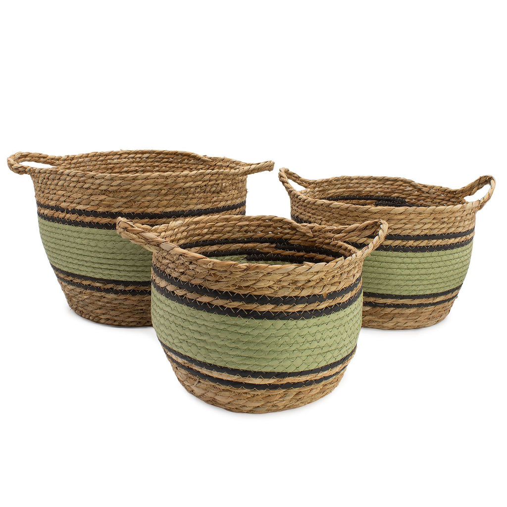 Cotton & Seagrass Large Baskets - Natural Black & Green (Set of 3)