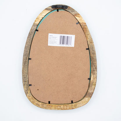 Back of a Wooden pebble shaped mirror and barcode label on a white background