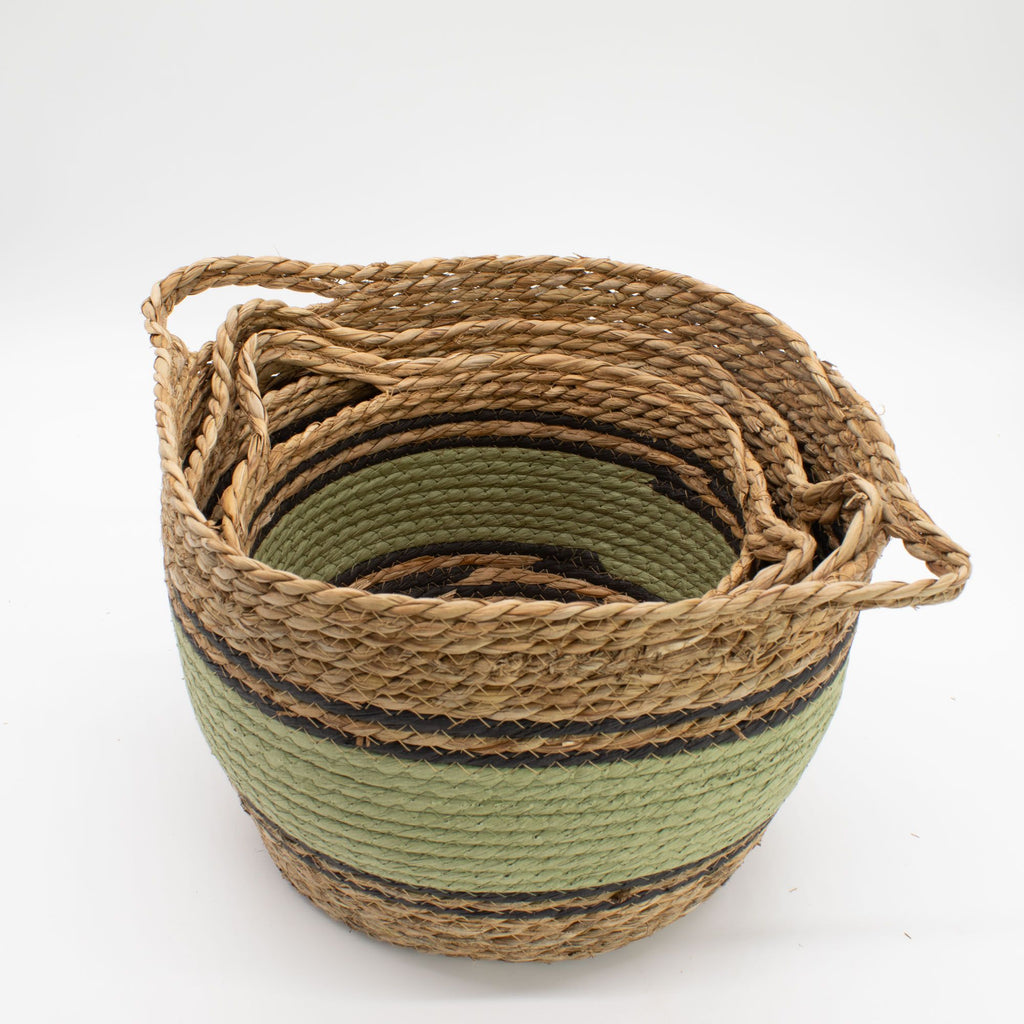 Cotton & Seagrass Large Baskets - Natural Black & Green (Set of 3)