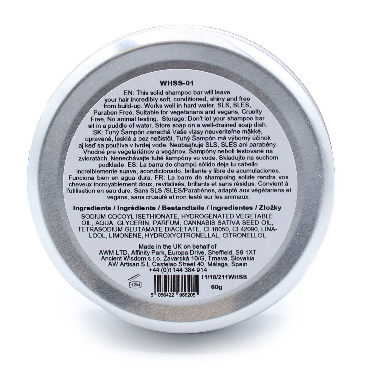 Back of a solid shampoo bar packaging with text and product details.