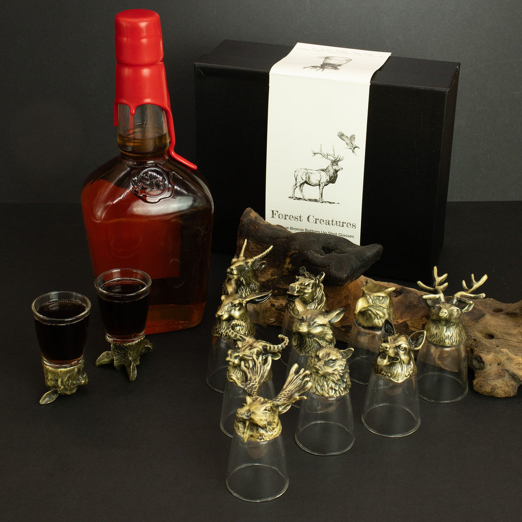 Gift Set of 12 Bottom Up Shot Glasses (25ml) - Forest & Mystical Creatures - Antique Bronze