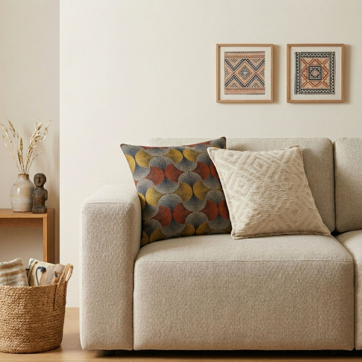 Beige sofa with patterned cushions in a living room setting