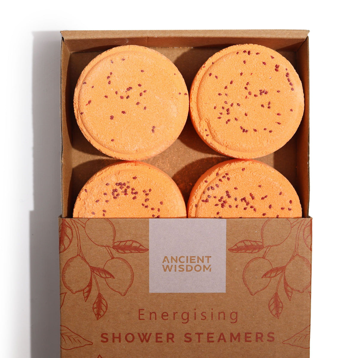 Box of Ancient Wisdom shower steamers with four round products inside.