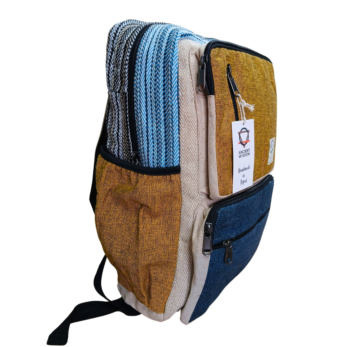 Multicolored backpack with a visible brand tag on a white background