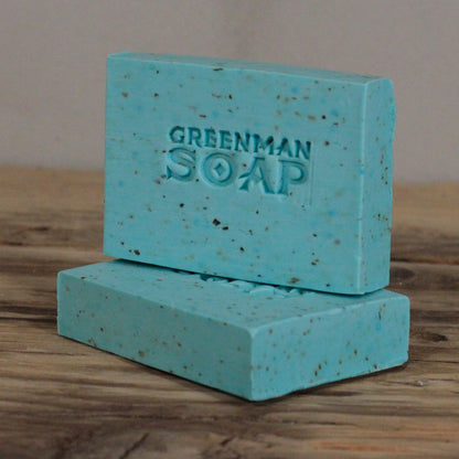 Two bars of Greenman Morning Fresh Soap Slice on a wooden surface