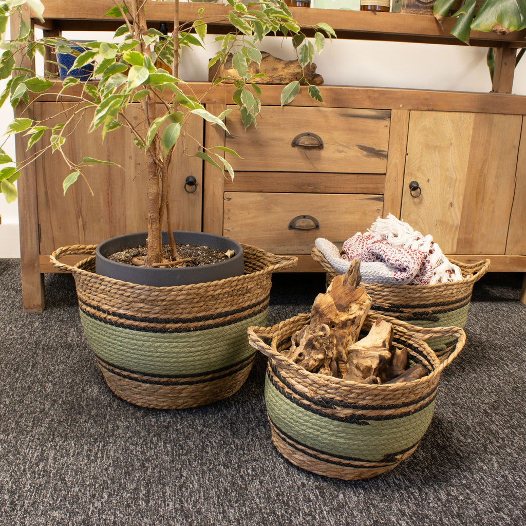 Cotton & Seagrass Large Baskets - Natural Black & Green (Set of 3)