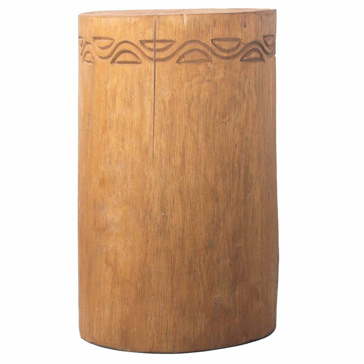 Wooden cylindrical stool with engraved design on a white background