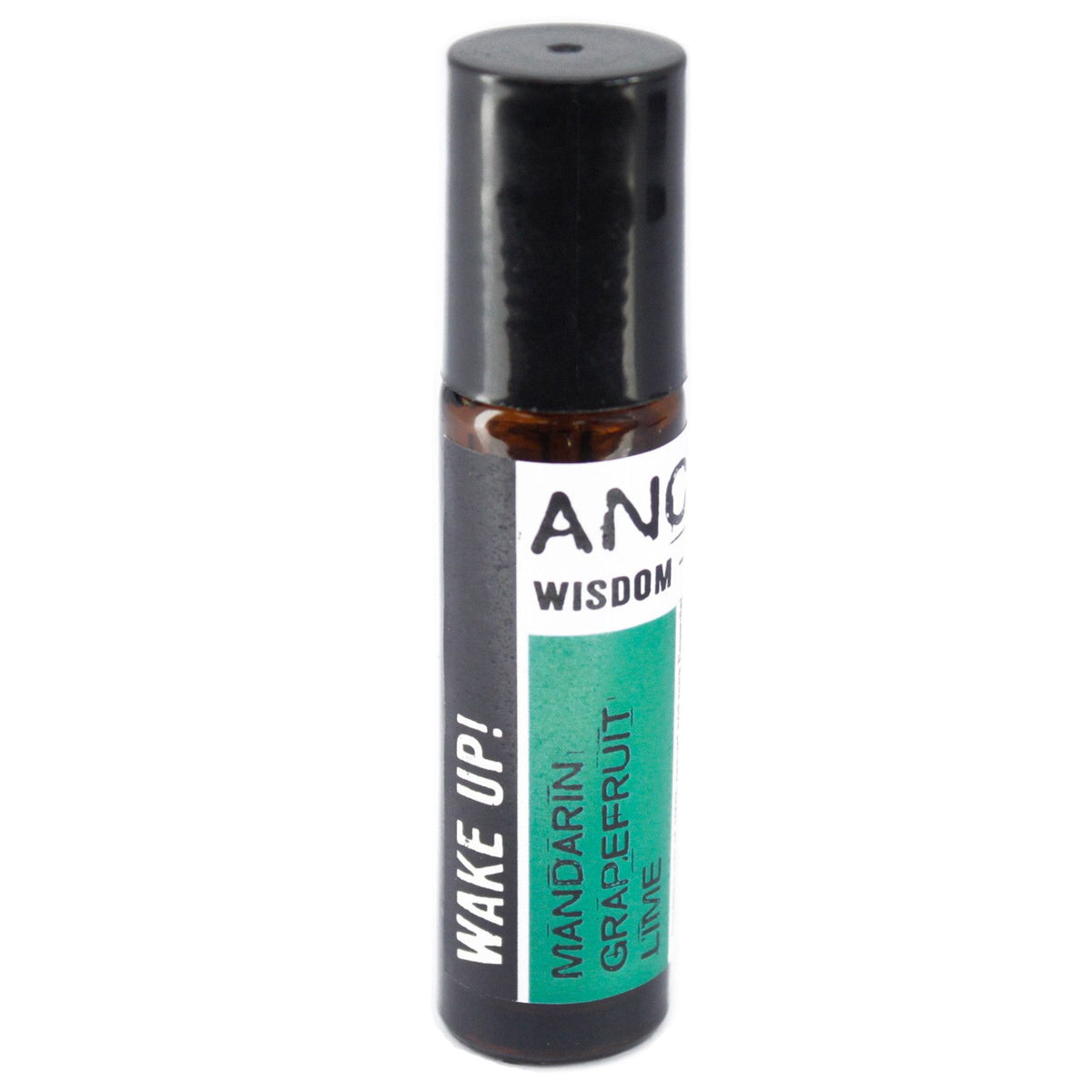 Roll-on bottle with black cap and white label on a white background