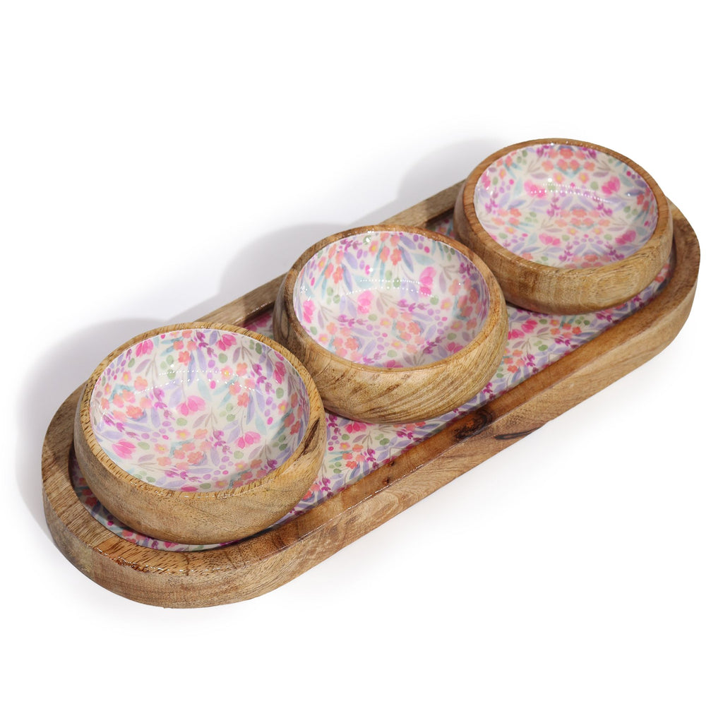Meadow Mosaic Trio - Mango Wood Tray with 3 Bowls