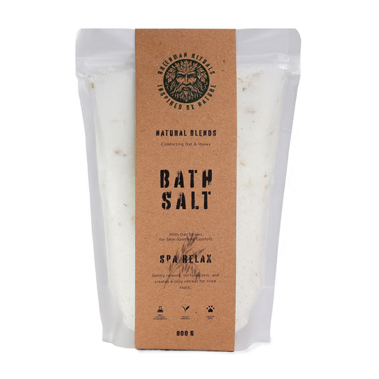 Bag of bath salts with a brown label on a white background