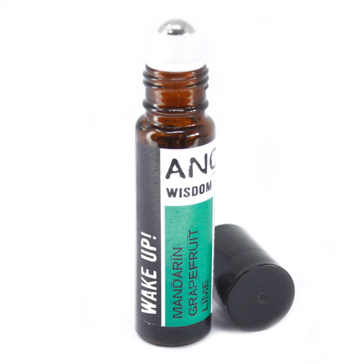 Wake Up Essential Oil Roll on bottle with a label on a white background